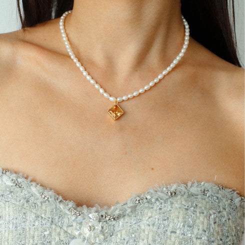 Colorful Zirconia Pendant Rice Pearl Necklace - Zafari Studio Jewelry