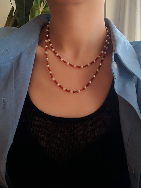 Red Spinel & Pearl Long Beaded Necklace