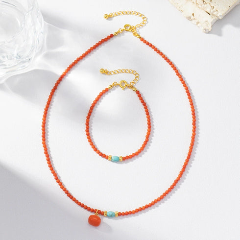 Red Coral Beads Necklace Bracelet - Zafari Studio Jewelry