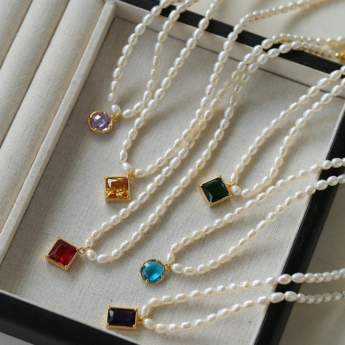 Colorful Zirconia Pendant Rice Pearl Necklace - Zafari Studio Jewelry