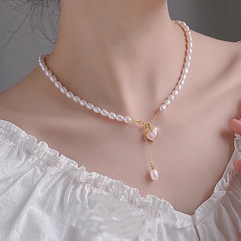 White Shell Heart Pendant Pearl Beaded Necklace - Zafari Studio Jewelry