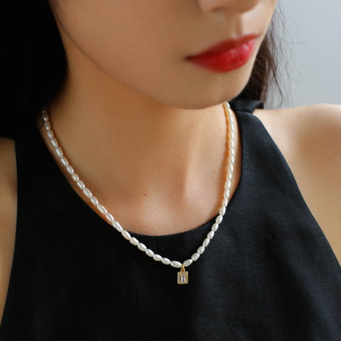 White Zirconia Rice Pearl Necklace - Zafari Studio Jewelry