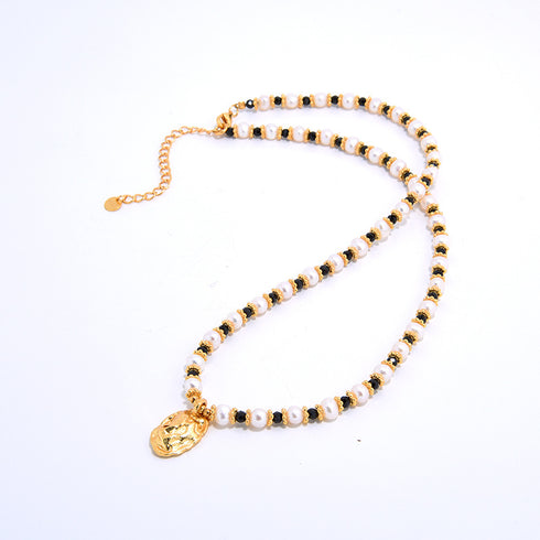 Vintage Gold Coin Pendant Pearl Beaded Necklace - Zafari Studio Jewelry