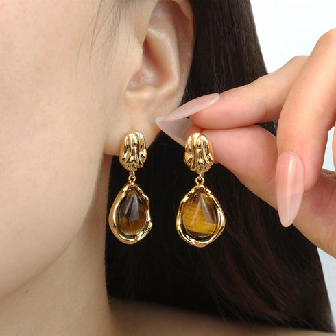 Teardrop Tiger's Eye Stone Drop Earrings