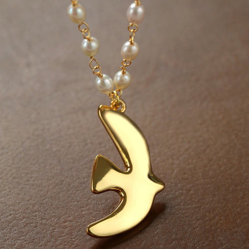 Gold Pigeon Pendant Freshwater Pearl Necklace - Zafari Studio Jewelry