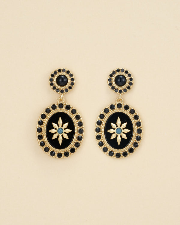 Black Gemstone & Gold Star Drop Earrings