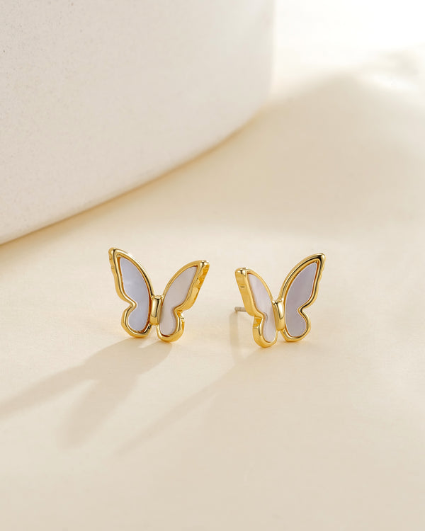 Mother-of-Pearl & Butterfly Stud 18K Gold Earrings