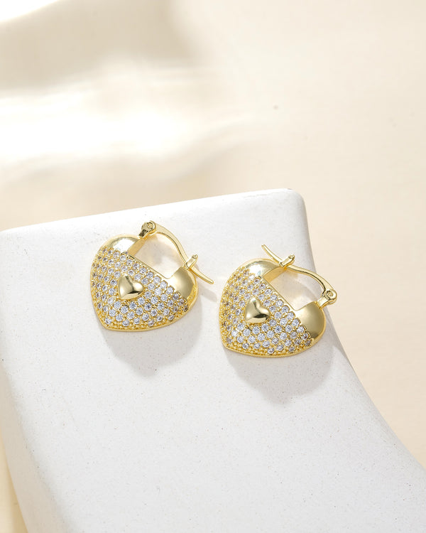 Gold Pavé Heart Lock Earrings