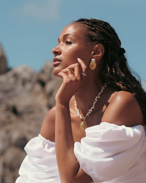 Oval Goddess Gold Coin Pearl Necklace and Earrings (Purchase Individually) - Zafari Studio Jewelry