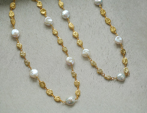 Elegant Irregular Gold Coin & Pearl Drop Necklace - Zafari Studio Jewelry