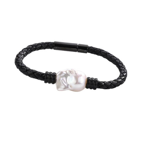 Large Baroque Pearl Leather Bracelet in Stainless Steel - Zafari Studio Jewelry