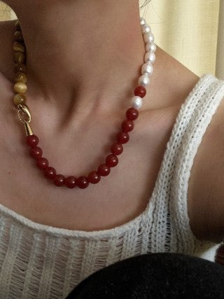 Baroque Pearl & Tiger Eye Stone Beaded Necklace - Zafari Studio Jewelry