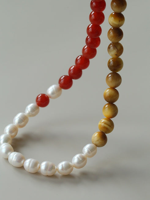 Baroque Pearl & Tiger Eye Stone Beaded Necklace - Zafari Studio Jewelry