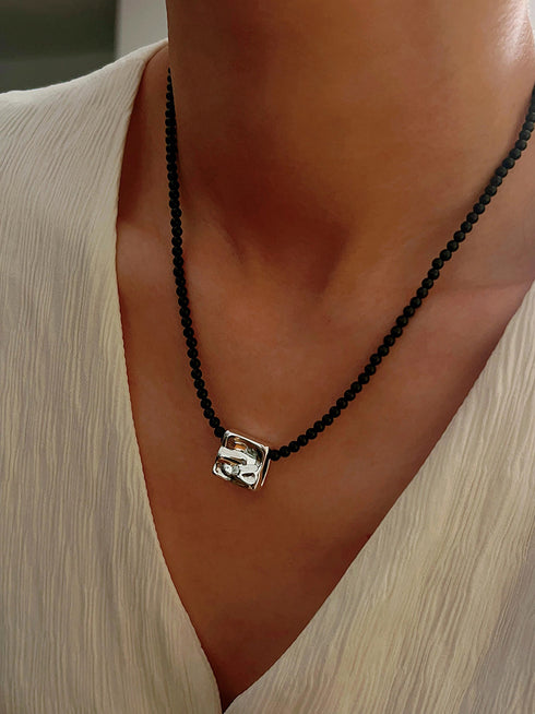 Square Pendant Beaded Stones Necklace - Zafari Studio Jewelry