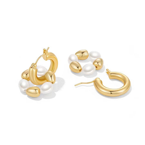 Gold Bean Hoops Pearl Earring - Zafari Studio Jewelry