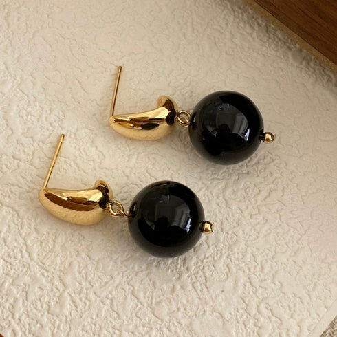 12mm Black Agate Ball Earrings - Zafari Studio Jewelry