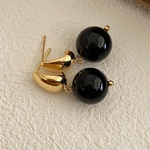 12mm Black Agate Ball Earrings - Zafari Studio Jewelry