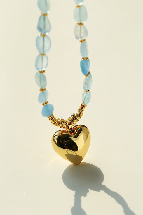 Aquamarine Beaded Heart Pendant Necklace