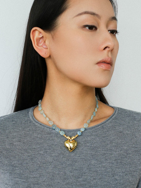 Aquamarine Beaded Heart Pendant Necklace