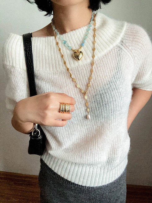 Aquamarine Beaded Heart Pendant Necklace