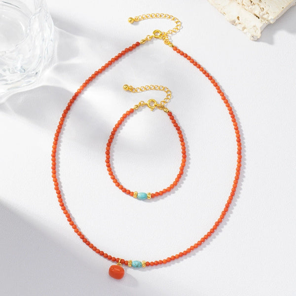 Red Coral Beads Necklace Bracelet - Zafari Studio Jewelry