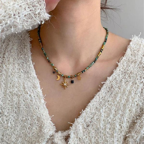 Turquoise Beaded Star and Moon Pendant - Zafari Studio Jewelry