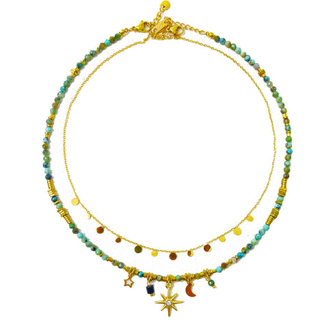 Turquoise Beaded Star & Moon Pendant Necklace - Zafari Studio Jewelry