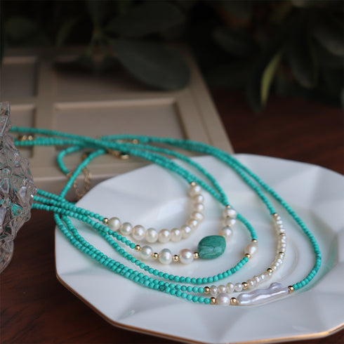 Fresh Turquoise and Freshwater Pearl Necklace with Agate Beads - Zafari Studio Jewelry