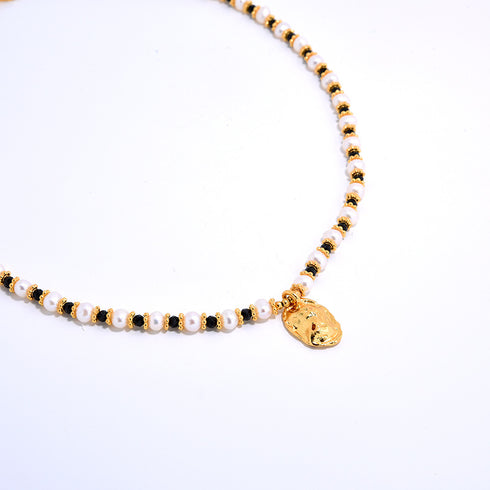 Vintage Gold Coin Pendant Pearl Beaded Necklace - Zafari Studio Jewelry