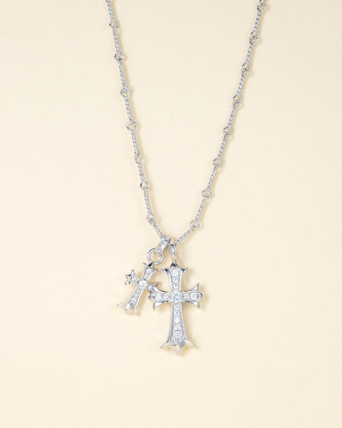 Sterling Silver Double Cubic Zirconia Cross Necklace - Zafari Studio Jewelry