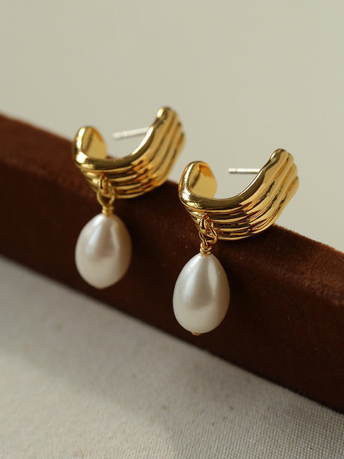 Gold Hoop Freshwater Teardrop Pearl Earrings