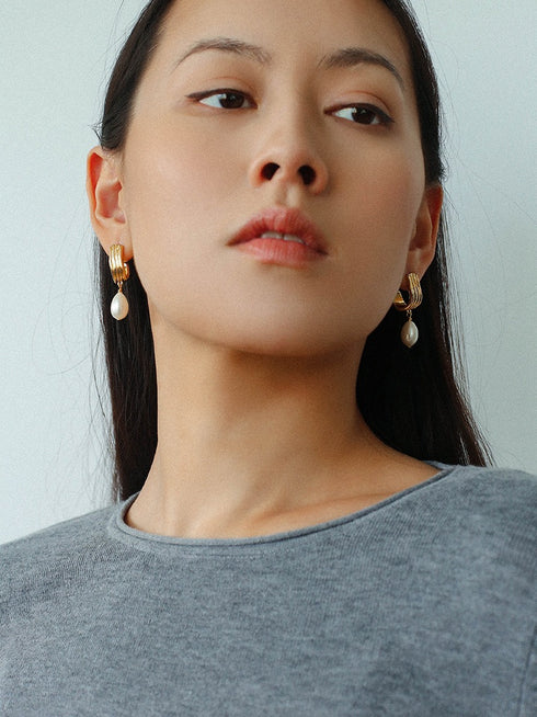 Gold Hoop Freshwater Teardrop Pearl Earrings