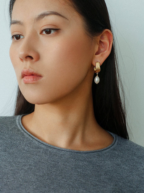 Gold Hoop Freshwater Teardrop Pearl Earrings