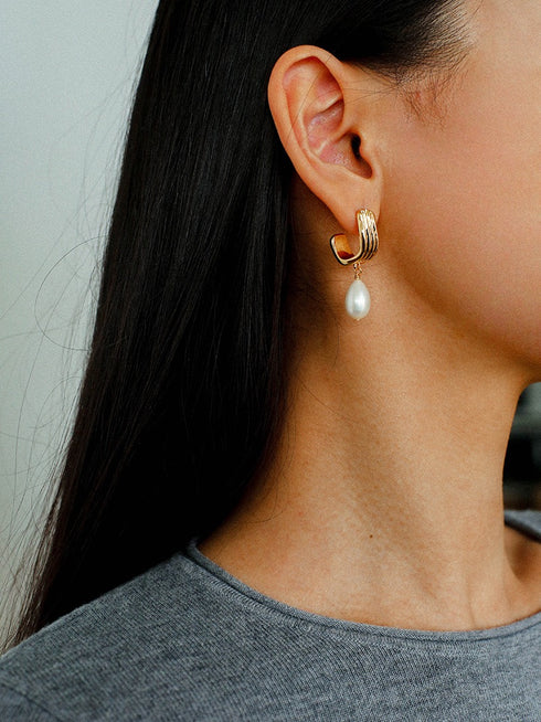 Gold Hoop Freshwater Teardrop Pearl Earrings
