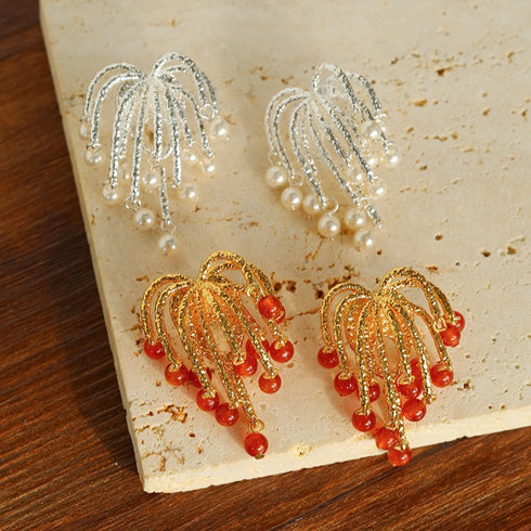 Red Agate, Pearl Firework Earrings - Zafari Studio Jewelry