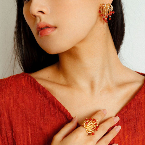 Red Agate, Pearl Firework Earrings - Zafari Studio Jewelry