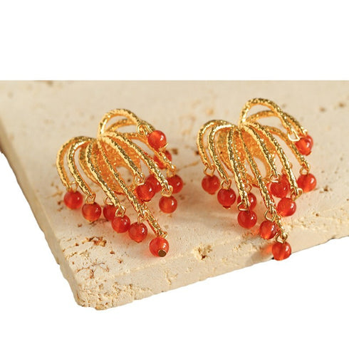 Red Agate, Pearl Firework Earrings - Zafari Studio Jewelry