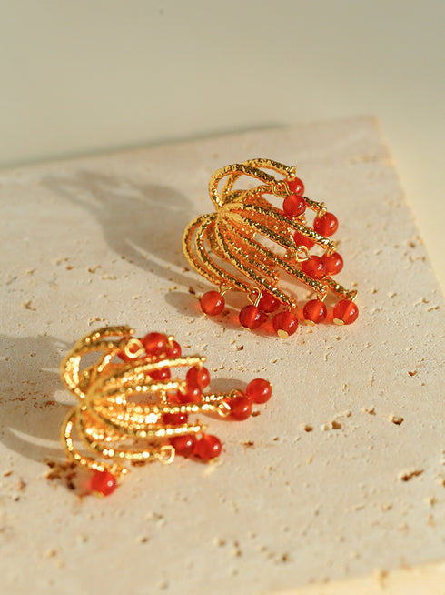Red Agate, Pearl Firework Earrings - Zafari Studio Jewelry