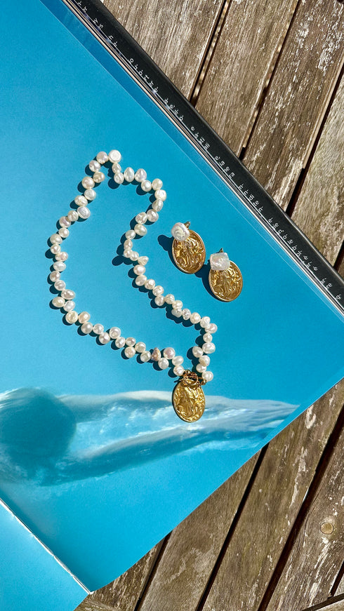 Oval Goddess Gold Coin Pearl Necklace and Earrings (Purchase Individually) - Zafari Studio Jewelry