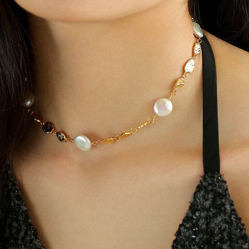 Elegant Irregular Gold Coin & Pearl Drop Necklace - Zafari Studio Jewelry