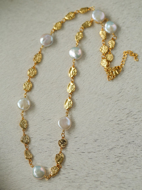 Elegant Irregular Gold Coin & Pearl Drop Necklace - Zafari Studio Jewelry