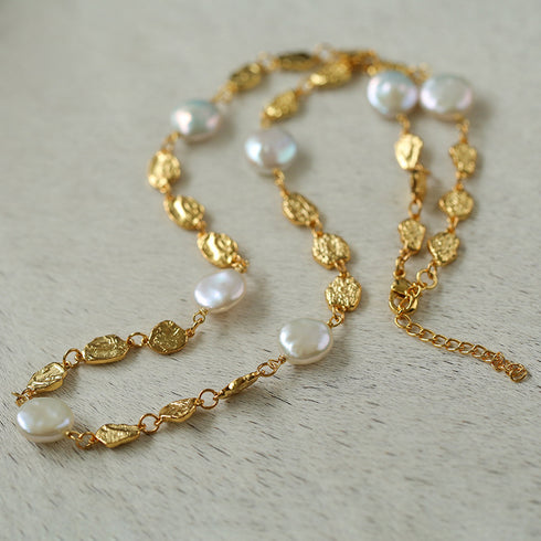 Elegant Irregular Gold Coin & Pearl Drop Necklace - Zafari Studio Jewelry