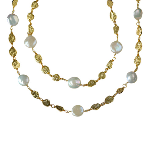 Elegant Irregular Gold Coin & Pearl Drop Necklace - Zafari Studio Jewelry