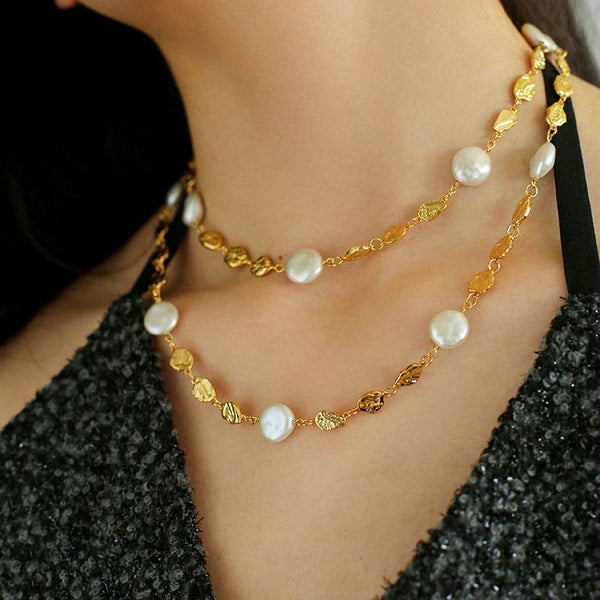 Elegant Irregular Gold Coin & Pearl Drop Necklace - Zafari Studio Jewelry