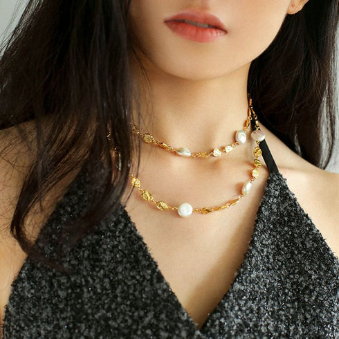 Elegant Irregular Gold Coin & Pearl Drop Necklace - Zafari Studio Jewelry