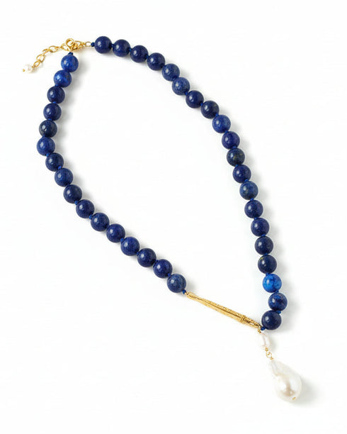 Baroque Pearl Pendant Lapis Lazuli Beaded Necklace - Zafari Studio Jewelry