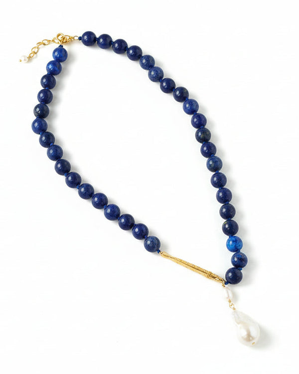 Baroque Pearl Pendant Lapis Lazuli Beaded Necklace - Zafari Studio Jewelry