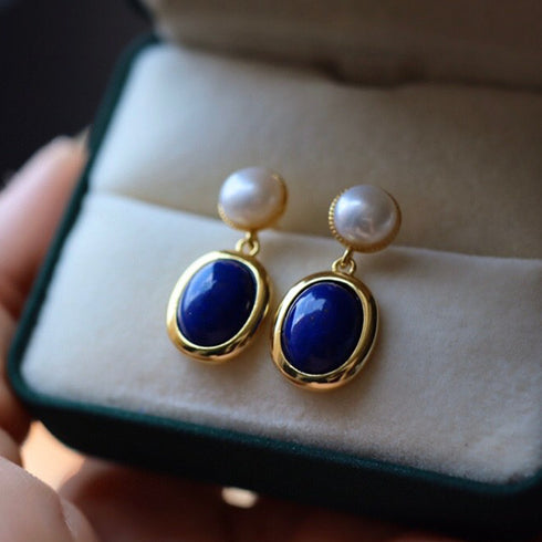 Blue Lapis Lazuli Button Pearl Drop Earrings - Zafari Studio Jewelry