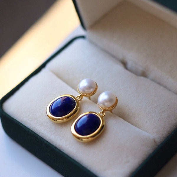Blue Lapis Lazuli Button Pearl Drop Earrings - Zafari Studio Jewelry