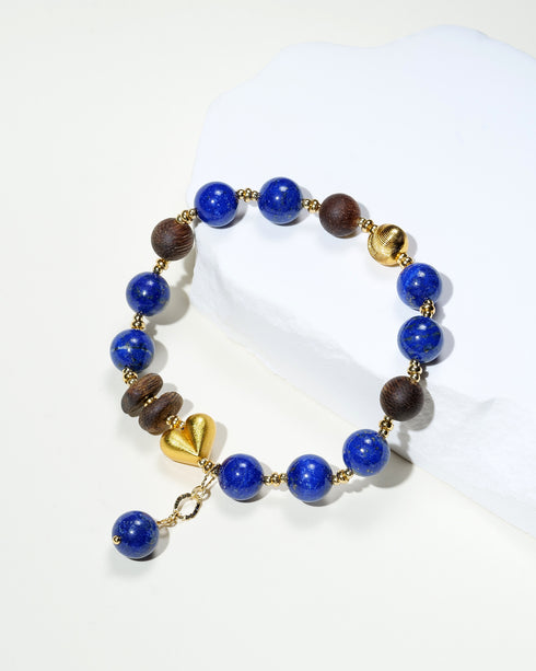 Lapis Wood Bead Heart Bracelet